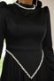 Stone Detailed Skirt Pleated Satin and Yoryo Silk Hijab Evening Dress Black 1046 - 6