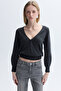 Women's Anthracite Melange Wrap V-Neck Knitwear Sweater