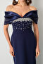 Women's Navy Blue Slim Fit Boat Neck Long Evening Dress with Stones on the Bust - 5
