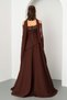 Women's Brown Slim Fit Boat Neck Lace Detail Long Evening Dress - 6