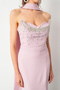 Women's Powder Color Slim Fit Long Fishtail Evening Dress with Scarf and Stone on the Bust - 5