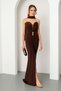 Women's Brown Slim Fit Strapless Neckline Shawl Detail Slit Long Evening Dress
