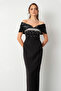 Women's Black Slim Fit Boat Neck Long Evening Dress with Stones on the Bust - 3