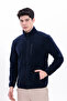Men's Navy Blue Mock Neck Chest Pockets Zippered Warm Fleece Jacket - 3