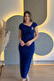 Slit Cobalt Blue Midi Dress with Shoulder Pad Accessories - 3