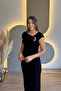 Slit Black Midi Dress with Shoulder Pad Accessories - 5