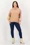 Women Turtle Neck Faux Fur Sweater, Taupe - 2