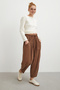Lace-Up Elastic Waist Pleated Trousers Brown - 3