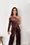 Women's Brown Belted One Shoulder Velvet Fabric Jumpsuit Nbk068 - 2