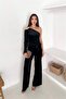 Women's Black Belted One Shoulder Velvet Fabric Jumpsuit Nbk068 - 2