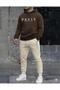 Men's Brown Paris Detailed Oversized Hooded Sweat Beige Tracksuit Bottom Set - 3