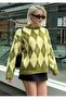 Crew Neck Fleece-Lined Diamond Patterned Knitwear Women's Sweater