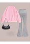 Children's Pink Ribbon Printed Sweatshirt Grimelanj Flared Tracksuit Set - 2