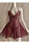 Burgundy Butterfly Embroidered Chiffon Nightgown - Plum Transparent Detailed Dowry Babydoll Set - Lb-192