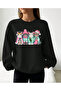 Cute Cat Christmas Printed Cotton Sweatshirt with Circular Neck