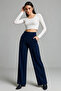 Women's Navy Blue Wide Leg Corded Fabric Pants with Pockets - 5