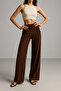 Women's Brown Pocketed Wide Leg Corded Fabric Pants
