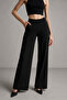 Women's Black Pocketed Wide Leg Corded Fabric Pants