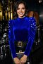 Cobalt Blue Velvet Fabric with Pearls on the Sleeves Women Blouse