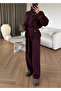Mock Neck Piece Belted Knitwear Set Plum - Claret Red - 2