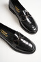 Black Genuine Leather Crocodile-Print Women's Loafers