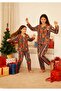 Mother & Daughter Red Navy Blue Stripe Tedy Bear Themed Soft Shirt Suede Pajama Set - 3