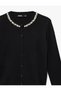 Long Sleeve Buttoned Crew Neck Rhinestone Knit Cardigan - 3