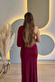 One Shoulder Draped Elegant Burgundy Long Dress - 4
