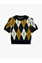 Short Sleeve Crew Neck Diamond Pattern Knit Sweater - 3