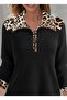 Women's Long Sleeve Leopard Collar Zippered Waffle Blouse - 3