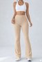 Beige Corded Fabric High Waist Flared Women's Trousers, Stretchy Knit Fabric Flared Pants - 4