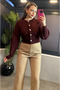 Burgundy Balloon Sleeve Floral Button Detailed Short Cardigan - 2