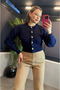 Navy Blue Balloon Sleeve Floral Button Detailed Short Cardigan - 4