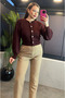 Burgundy Balloon Sleeve Floral Button Detailed Short Cardigan - 5