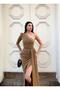 Flowers Pearl Detailed One Shoulder Evening Dress 583371 Gold - 3
