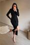 women's black waist-ruched slit midi length evening dress NM027 - 5