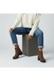 Brown Velvet Leather Women's Thick Heeled Boots with Gold Chain Detail - 4