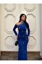 Silvery Crepe Fabric One-Shoulder Evening Dress with Stone Embellishments 583373 Cobalt Blue - 2