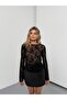 Women's Tulle Embossed Gathered Sheer Blouse Boat Neck Long Sleeve Chic Crop - 3
