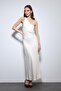 Stone Asymmetric Neckline Satin Long Dress - 4