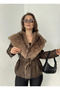 Women's Brown Belted Fur Collar Leather Jacket Winter - 7