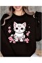 Cute Cat Print Detailed Crew Neck Sweatshirt