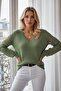 V-Neck Lace-Like Knit Sweater - Green - 4