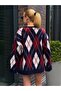 Navy Blue Crew Neck Diamond Pattern Slit Fleece-Lined (Feathered) Women's Oversized Sweater - 3