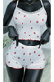 Women's White Strawberry Patterned Lace Pajama Set - Lace Detailed Ribbed Shorts Set - 3798