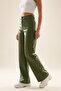 Khaki Relaxed Pipe Leg Leather Trousers with Stitching Detail - 6