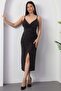 بأزرار على الجهتين فستان شق بحزام على شكل ياقة DKS1019 - 2