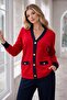 Women's V-Neck Long Sleeve Pocketed Gold Button Accent Cardiganed Modal Set - 4