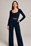Women's Navy Blue Wide Leg Corded Fabric Piece Set - 5