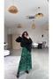Green Patterned Thin Pleated Full Length Lined Tulle Skirt